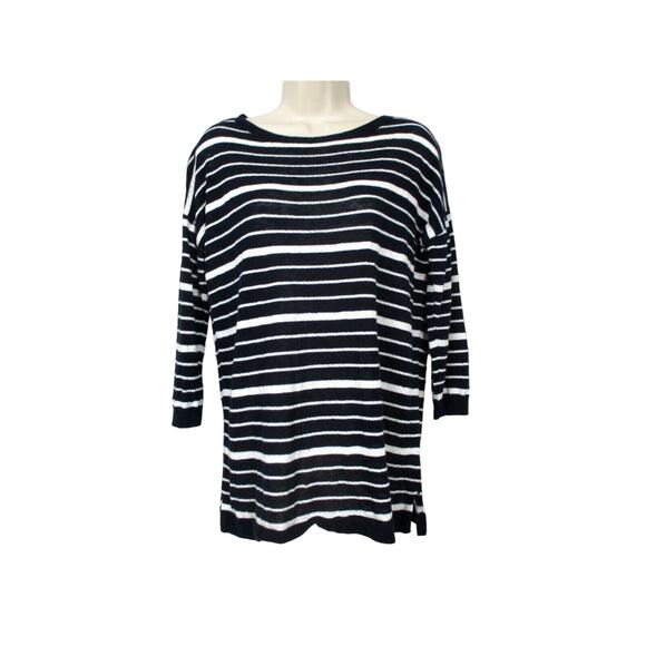 Talbots Linen Blend Sweater Womens Medium Striped Navy Blue White Nautical Light - Picture 1 of 14